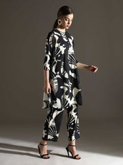 Black & White Straight Pure Cotton Kurta Set – Round Neck – Abstract Print