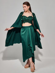 Green Embroidered Polyester Co-Ord Set – Shoulder Strap Neck – Short Sleeves Shrug