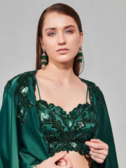 Green Embroidered Polyester Co-Ord Set – Shoulder Strap Neck – Short Sleeves Shrug
