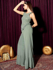 Green Co-Ord Polyester Top and Palazzo Set – Round Neck – Embroidered
