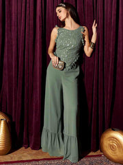Green Co-Ord Polyester Top and Palazzo Set – Round Neck – Embroidered