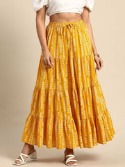 Yellow Floral Printed Cotton Maxi Skirt – Flared Hem – Tiered