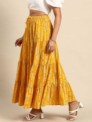 Yellow Floral Printed Cotton Maxi Skirt – Flared Hem – Tiered