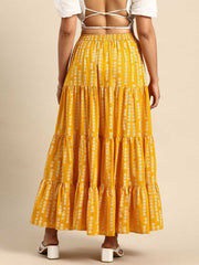 Yellow Floral Printed Cotton Maxi Skirt – Flared Hem – Tiered