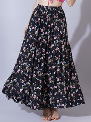 Black Floral Printed Polyester Maxi Skirt – Elasticated Waistband – Gathered