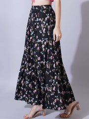 Black Floral Printed Polyester Maxi Skirt – Elasticated Waistband – Gathered