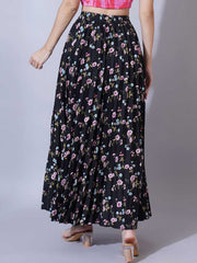 Black Floral Printed Polyester Maxi Skirt – Elasticated Waistband – Gathered