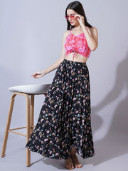 Black Floral Printed Polyester Maxi Skirt – Elasticated Waistband – Gathered