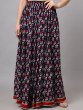 Blue & Red Floral Flared Viscose Rayon Maxi Skirt – Elastic Waistband – Printed