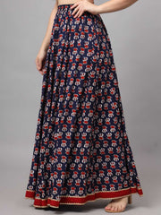 Blue & Red Floral Flared Viscose Rayon Maxi Skirt – Elastic Waistband – Printed