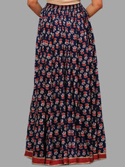 Blue & Red Floral Flared Viscose Rayon Maxi Skirt – Elastic Waistband – Printed
