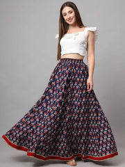 Blue & Red Floral Flared Viscose Rayon Maxi Skirt – Elastic Waistband – Printed