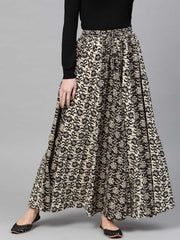 Black & Beige Printed Pure Cotton Maxi Skirt – Elasticated Waist – Flared Hem