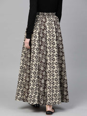 Black & Beige Printed Pure Cotton Maxi Skirt – Elasticated Waist – Flared Hem