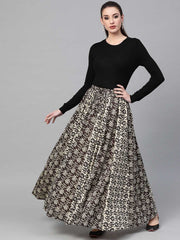 Black & Beige Printed Pure Cotton Maxi Skirt – Elasticated Waist – Flared Hem