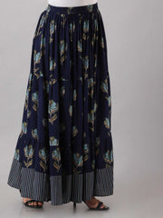 Blue Printed Viscose Rayon Maxi Skirt – Elasticated Waistband – Flared Hem