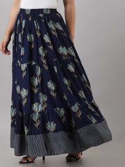 Blue Printed Viscose Rayon Maxi Skirt – Elasticated Waistband – Flared Hem