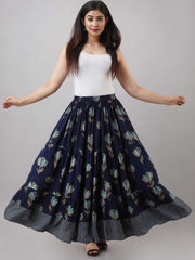 Blue Printed Viscose Rayon Maxi Skirt – Elasticated Waistband – Flared Hem