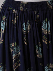 Blue Printed Viscose Rayon Maxi Skirt – Elasticated Waistband – Flared Hem