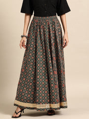 Green & Red Printed Cotton Maxi Skirt – Flared Hemline – Gathered