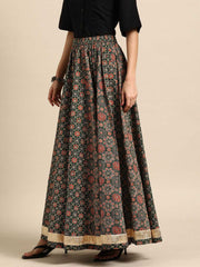 Green & Red Printed Cotton Maxi Skirt – Flared Hemline – Gathered