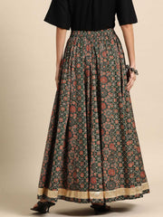 Green & Red Printed Cotton Maxi Skirt – Flared Hemline – Gathered