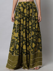 Green Flared Viscose Rayon Maxi Skirt – Elastic Waistband – Printed