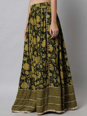 Green Flared Viscose Rayon Maxi Skirt – Elastic Waistband – Printed