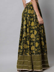 Green Flared Viscose Rayon Maxi Skirt – Elastic Waistband – Printed