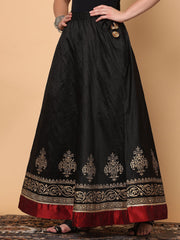 Black & Red Floral Printed Silk Maxi Skirt – Elastic Waist – Flared Hem