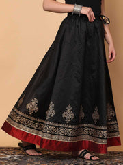 Black & Red Floral Printed Silk Maxi Skirt – Elastic Waist – Flared Hem