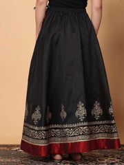 Black & Red Floral Printed Silk Maxi Skirt – Elastic Waist – Flared Hem