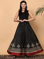 Black & Red Floral Printed Silk Maxi Skirt – Elastic Waist – Flared Hem