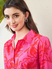 Magenta Floral Printed Pure Cotton Co-Ord Set – Shirt Collar – Printed
