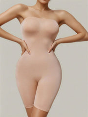 Beige Solid Cotton Blend Body Shapewear – Off Shoulder – Slip-On Closure