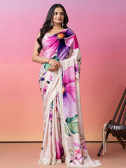 Cream & Pink Floral Art Silk Saree – Embroidered Border – Ready to Wear