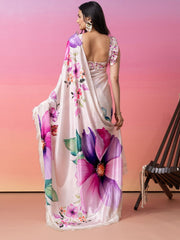 Cream & Pink Floral Art Silk Saree – Embroidered Border – Ready to Wear