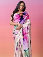 Cream & Pink Floral Art Silk Saree – Embroidered Border – Ready to Wear