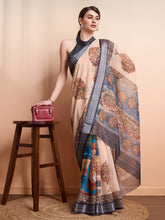 Cream & Blue Woven Linen Blend Saree – Ready to Wear – Zari Ornamentation
