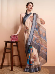Cream & Blue Woven Linen Blend Saree – Ready to Wear – Zari Ornamentation