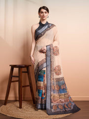 Cream & Blue Woven Linen Blend Saree – Ready to Wear – Zari Ornamentation