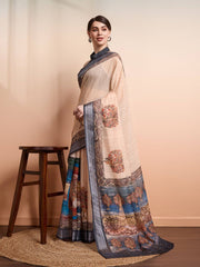 Cream & Blue Woven Linen Blend Saree – Ready to Wear – Zari Ornamentation
