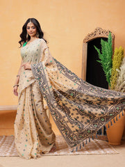 Black & Cream Jamdani Cotton Saree – Round Neck – Floral Woven