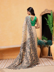 Black & Cream Jamdani Cotton Saree – Round Neck – Floral Woven