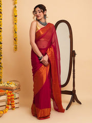 Pink Solid Poly Chiffon Saree – Woven Zari Border – Zari Work