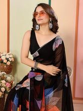 Black & Blue Floral Printed Poly Georgette Saree – Ready to Wear – Printed Border