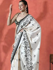 White & Black Floral Satin Saree – Embellished Border – Beads and Stones