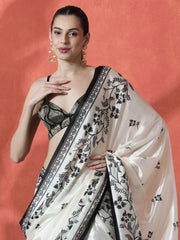 White & Black Floral Satin Saree – Embellished Border – Beads and Stones