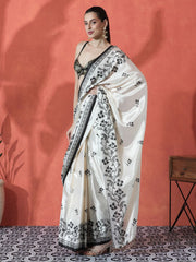 White & Black Floral Satin Saree – Embellished Border – Beads and Stones
