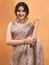 Pink & Green Floral Print Tissue Saree – Printed Border